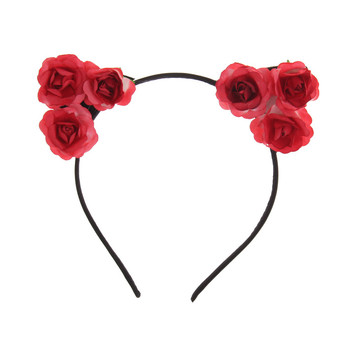 Гавайский ободок с ушками "Розы", цвет красный