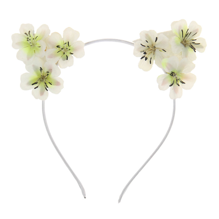 Гавайский ободок с ушками "Цветы", цвет белый