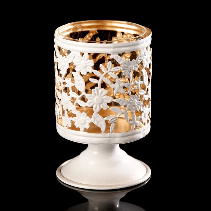 Подсвечник металл на 1 свечу "Подсолнухи" белый с золотом 13х8х8 см