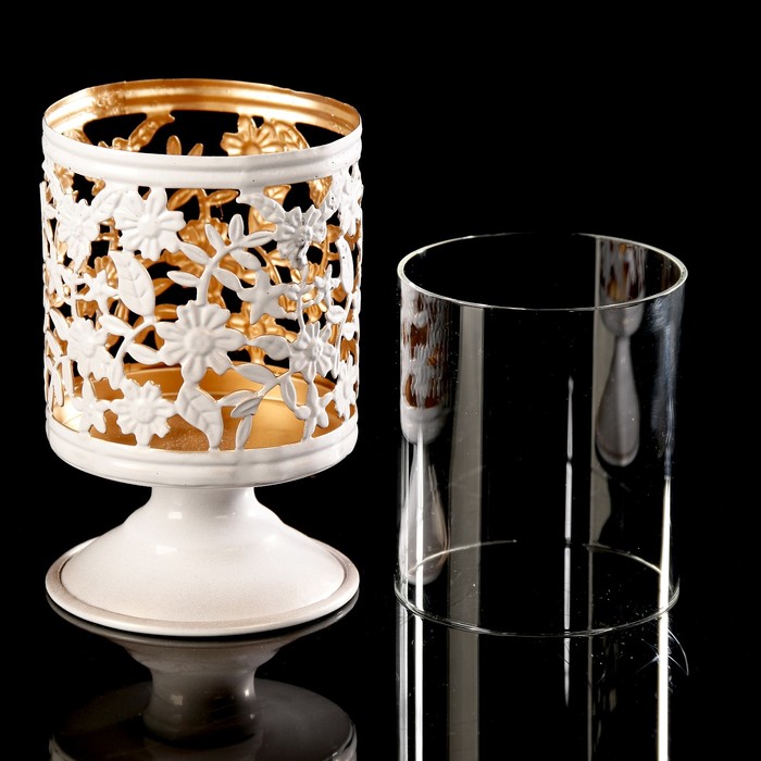 Подсвечник металл на 1 свечу "Подсолнухи" белый с золотом 13х8х8 см