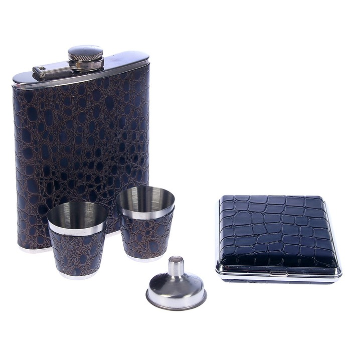 Набор 5 в 1: фляжка 8oz, под кожу крокодила + 2 рюмки 32 мл + воронка + портсигар