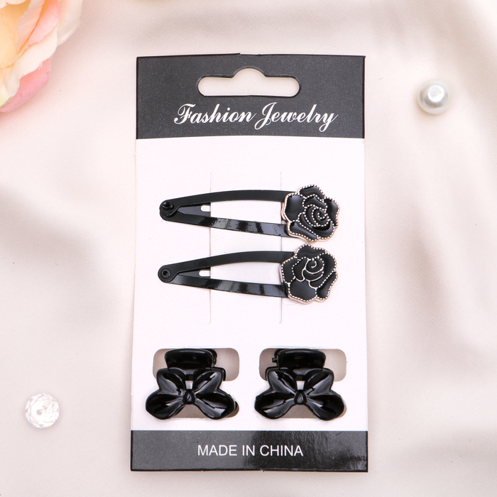 Набор для волос "Чёрный бум" (2 невидимки, 2 краба) розочки