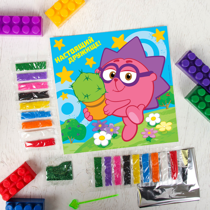 Фреска с блестками и фольгой "Дружище" СМЕШАРИКИ: Ежик + 9 цв песка по 4 гр, блестки 2 гр