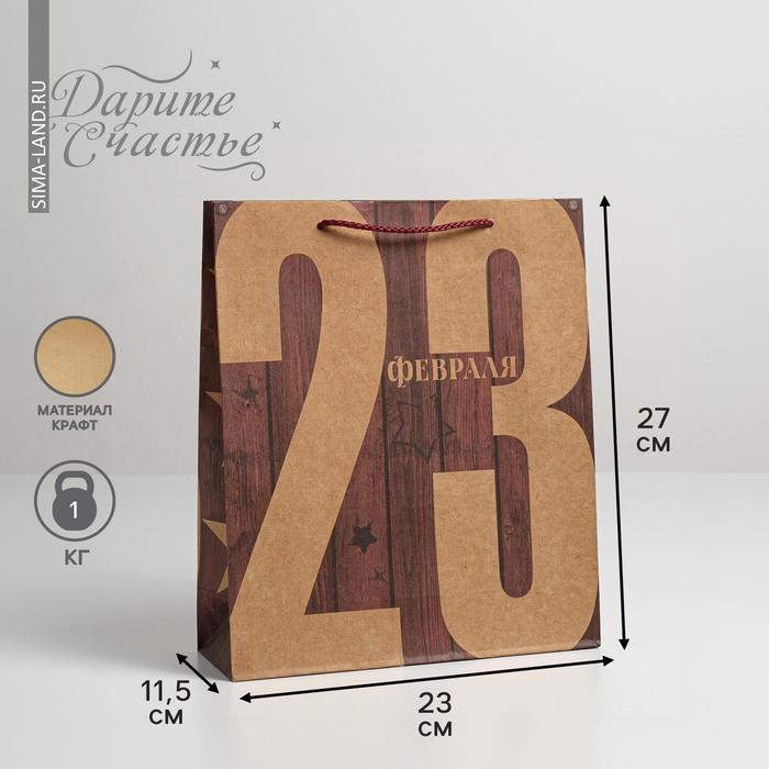 Пакет подарочный крафтовый вертикальный, упаковка, «23 Февраля», ML 23 х 27 х 8 см