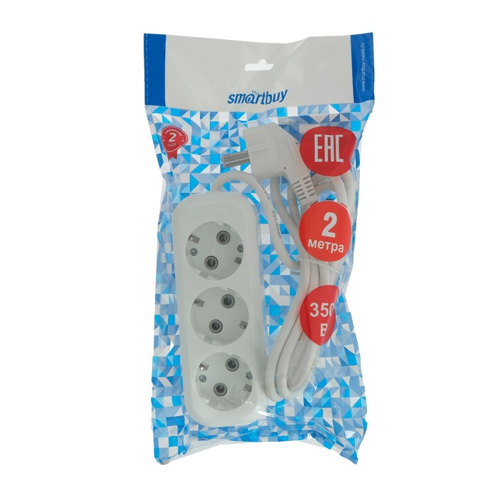 Удлинитель Smartbuy, 3 розетки, 2 м, 3500 Вт, 16 А, ПВС 3х1, с з/к, SBE-16-3-02-Z
