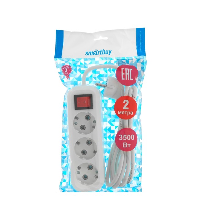 Удлинитель Smartbuy, 3 розетки, 2 м, 3500 Вт, 16 А, ПВС 3х1, с выкл, с з/к, SBE-16-3-02-ZS