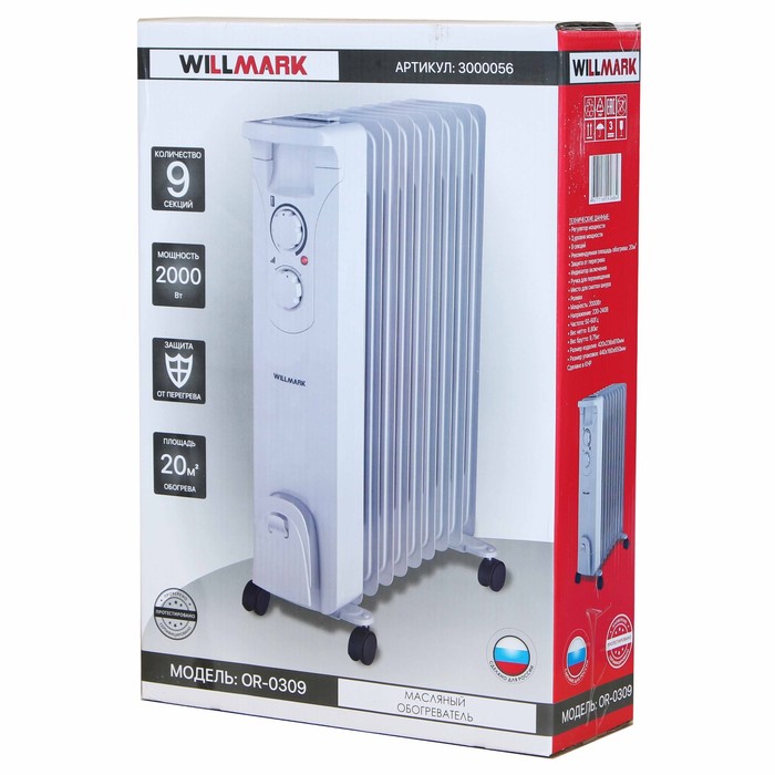 Обогреватель Willmark OR-0309, масляный, 3 режима нагрева, 9 секций, 2000 Вт