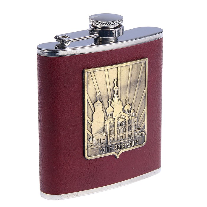 Фляжка 180 мл, эмблема Санкт-Петербурга, кожзам, малиновая, 11х9.5 см