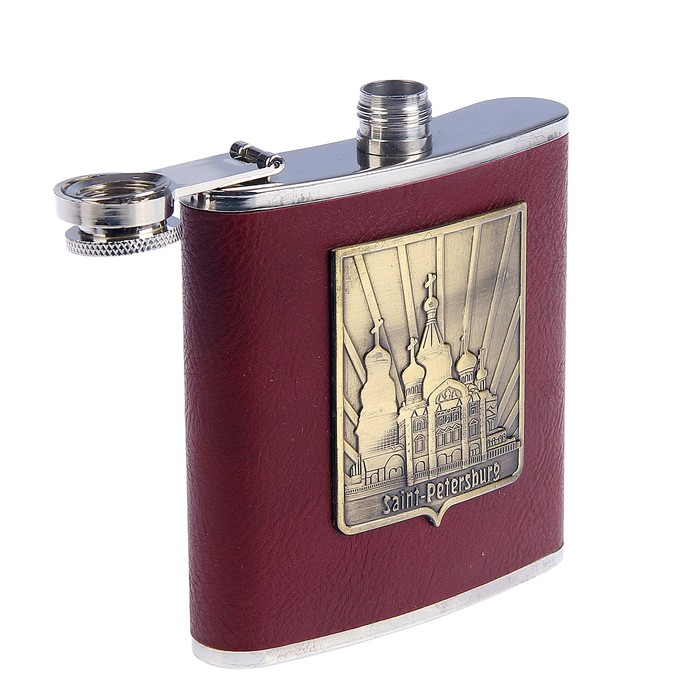 Фляжка 180 мл, эмблема Санкт-Петербурга, кожзам, малиновая, 11х9.5 см