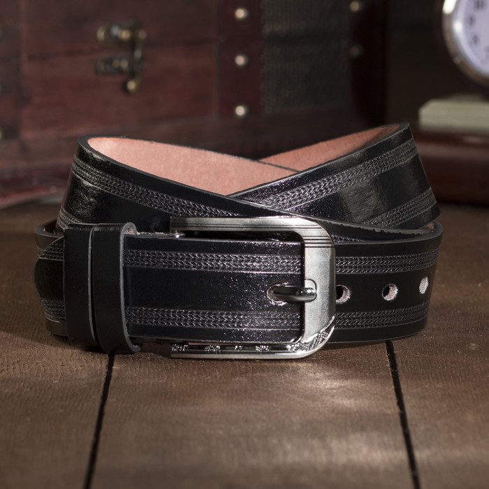 Ремень мужской "Великан", винт, пряжка и хомут тёмный металл, ширина - 4см, длина от 140см, цвет чёрный