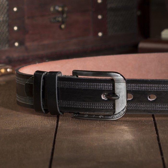 Ремень мужской "Великан", винт, пряжка и хомут тёмный металл, ширина - 4см, длина от 140см, цвет чёрный