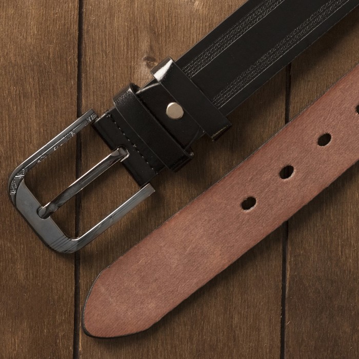 Ремень мужской "Великан", винт, пряжка и хомут тёмный металл, ширина - 4см, длина от 140см, цвет чёрный