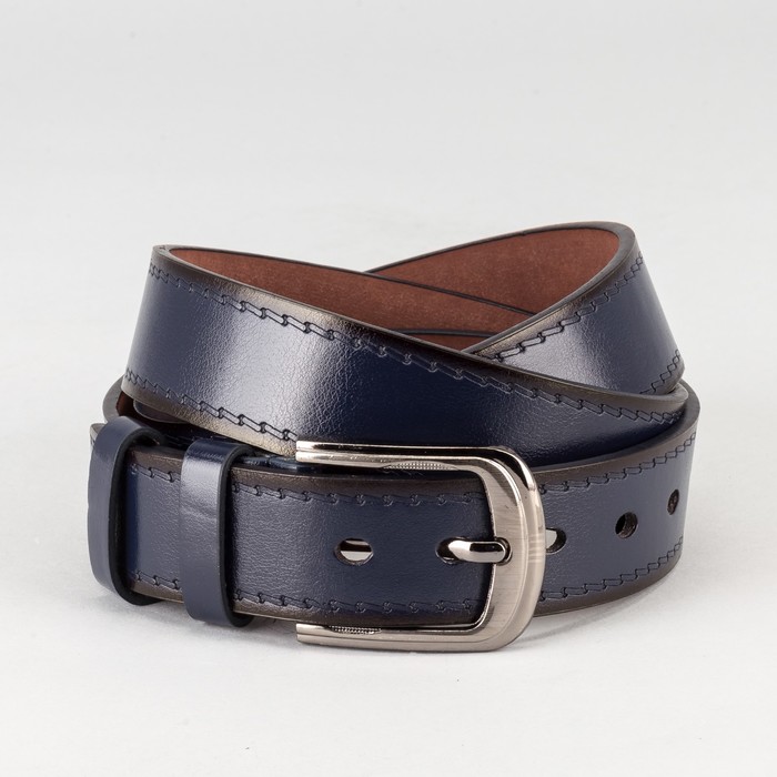 Ремень мужской "Великан", винт, пряжка и хомут тёмный металл, ширина - 4см, длина от 140см, цвет синий