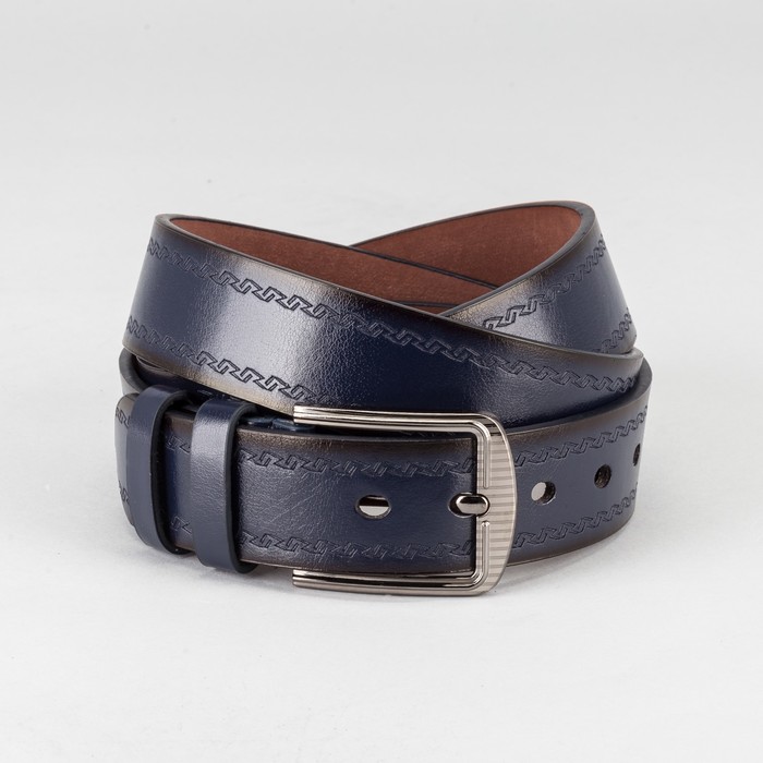Ремень мужской "Великан", винт, пряжка и хомут тёмный металл, ширина - 4см, длина от 140см, цвет синий