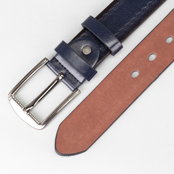 Ремень мужской "Великан", винт, пряжка и хомут тёмный металл, ширина - 4см, длина от 140см, цвет синий