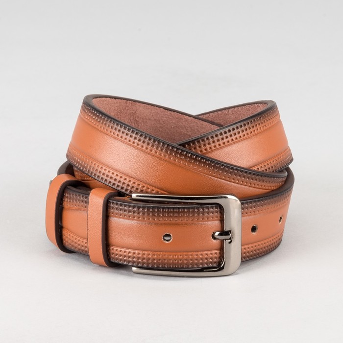 Ремень мужской, перфорация по краям, пряжка тёмный металл, ширина - 3,5 см, цвет рыжий