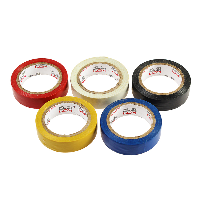 Изолента LOM, ПВХ, 15 мм х 7 м, 130 мкм, набор (черный, синий, красный, белый, желтый)