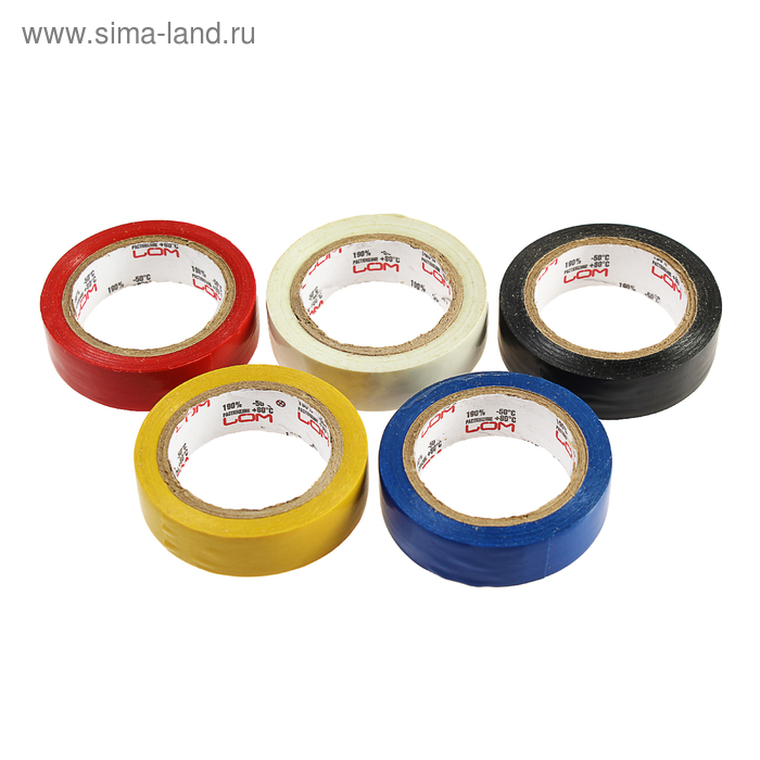 Изолента LOM, ПВХ, 15 мм х 7 м, 130 мкм, набор 5 шт (черная/синяя/красная/белая/желтая)