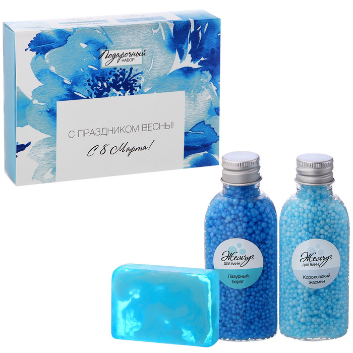 Подарочный набор "С праздником весны": 2 флакона жемчужин для ванн и мыло