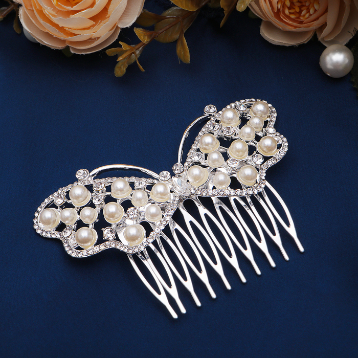 Гребень для волос "Мирабель" с жемчужинками, бабочка, 9*5,5 см