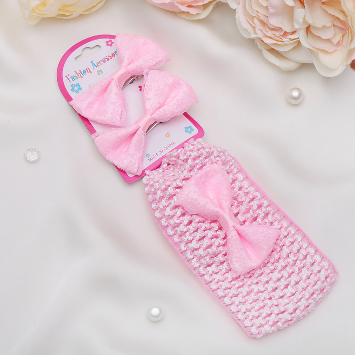 Набор для волос "Штейн" (1 повязка, 2 зажима) бант кружевной, розовый