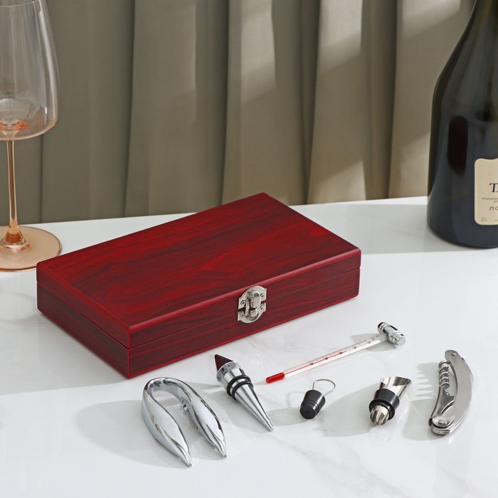 цена Набор для вина, 5 предметов: штопор, нож для срезания фольги, пробка, каплеуловитель, термометр