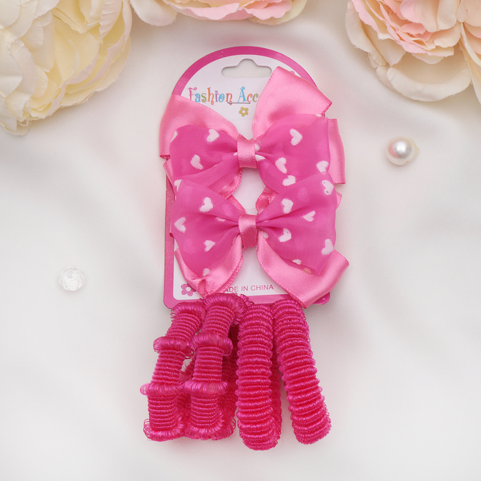 Набор для волос "Штейн" (4 резинки, 2 зажима) бант с сердечками, малиновый