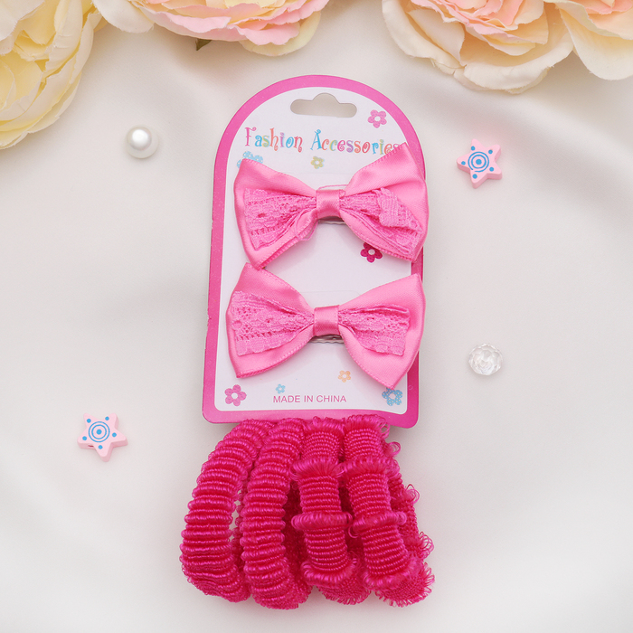 Набор для волос "Штейн" (4 резинки, 2 зажима) бант с кружевом, малиновый