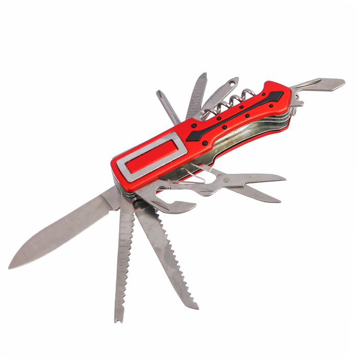 Нож универсальный 11в1, рукоять красный пластик со стрелой, 9,5*2,5 см