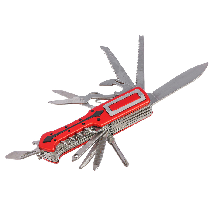 Нож универсальный 11в1, рукоять красный пластик со стрелой, 9,5*2,5 см