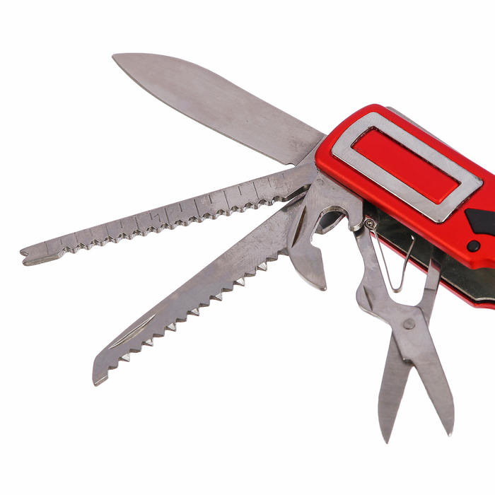 Нож универсальный 11в1, рукоять красный пластик со стрелой, 9,5*2,5 см