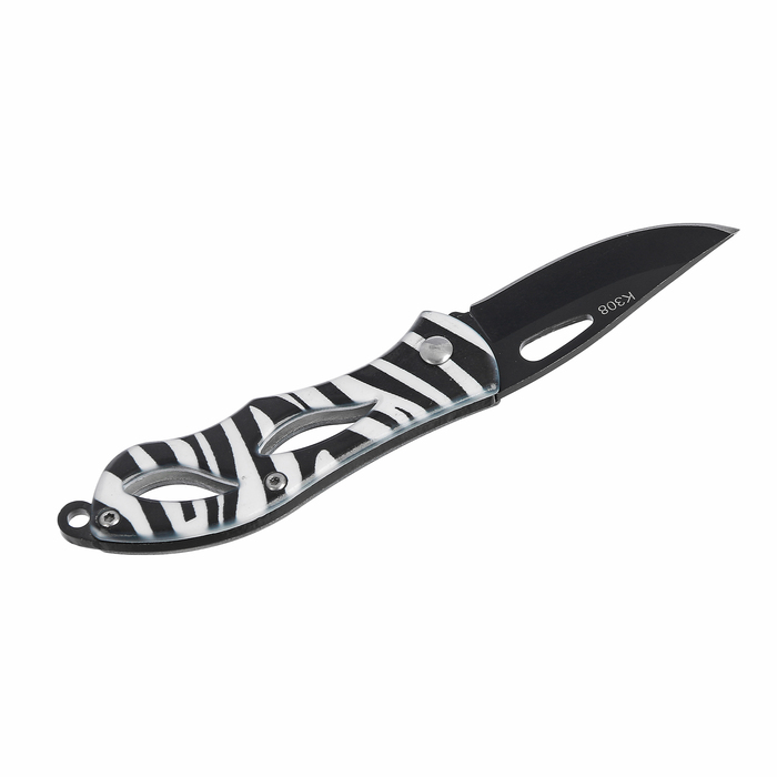 Нож перочинный, лезвие 5 см черн с отверстием, рукоять пластик зебра, без фик-ра, 13,2*3 см 273207