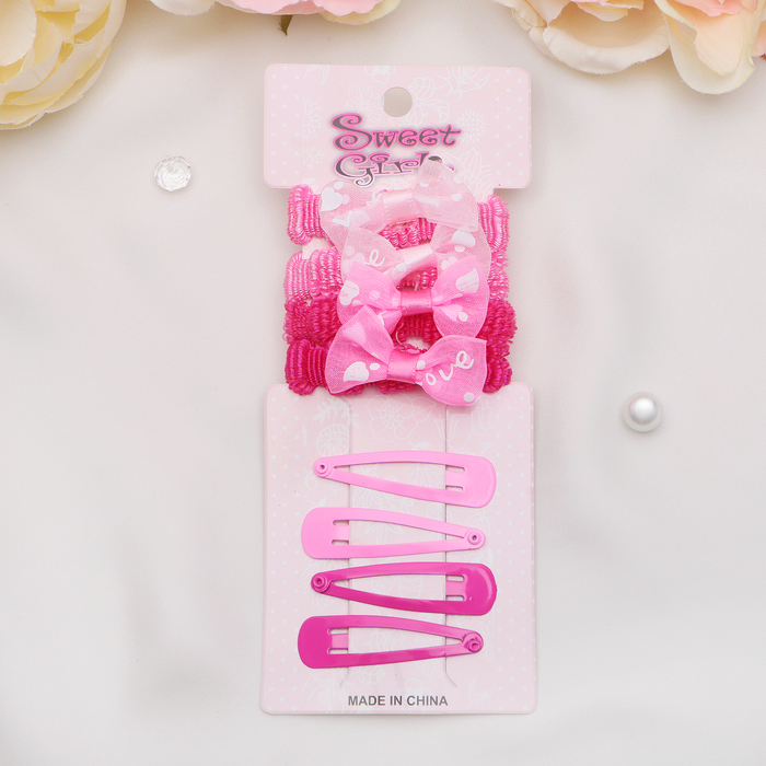 Набор для волос "Мелиса" (4 невидимки, 4 резинки) бант с сердечками