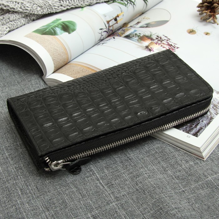 Кошелёк мужской, 2 отдела, для карт, для монет, наружный карман, крокодил, цвет чёрный