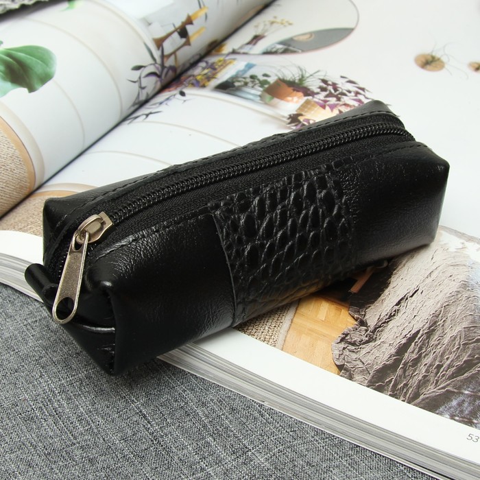 Ключница, отдел на молнии, кольцо, крокодил, цвет чёрный/матовый чёрный