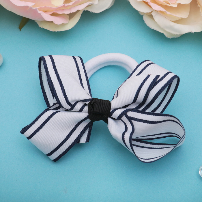 Резинка для волос бант "Школьница" d-8 см, белый с синей полосой