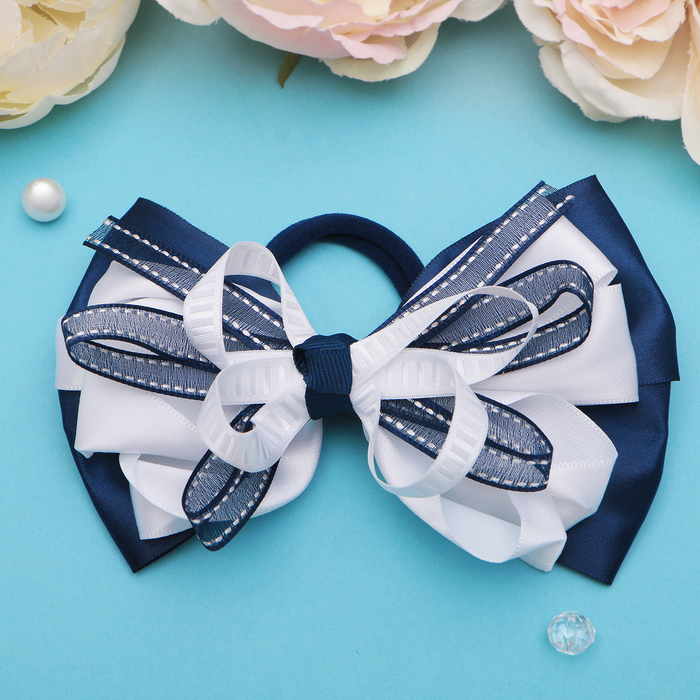 Резинка для волос бант "Школьница" d-12 см, бело-синяя, розочка
