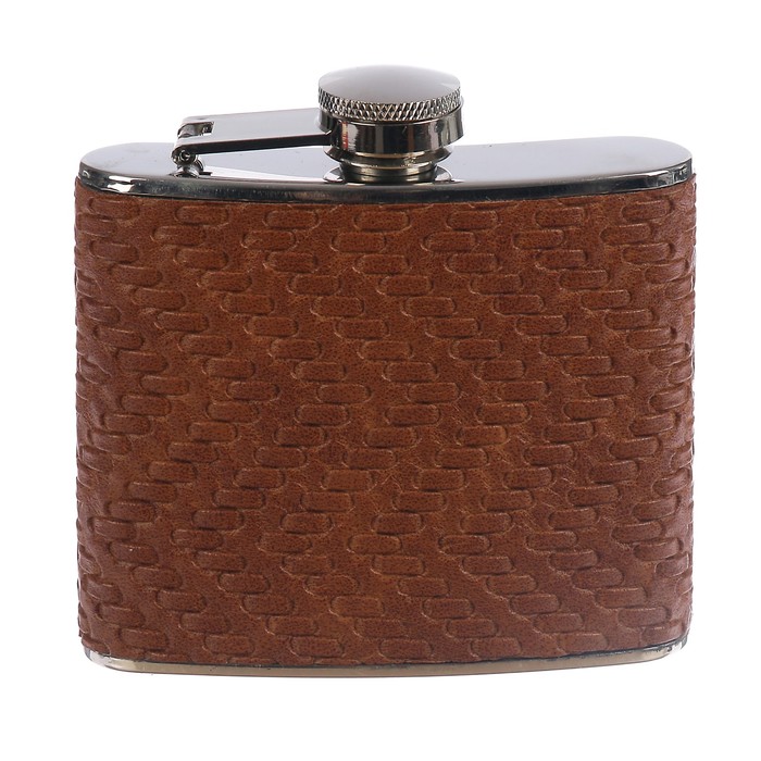 Фляжка 150 мл, кожзам, коричневая плетёнка, 9х9.5 см