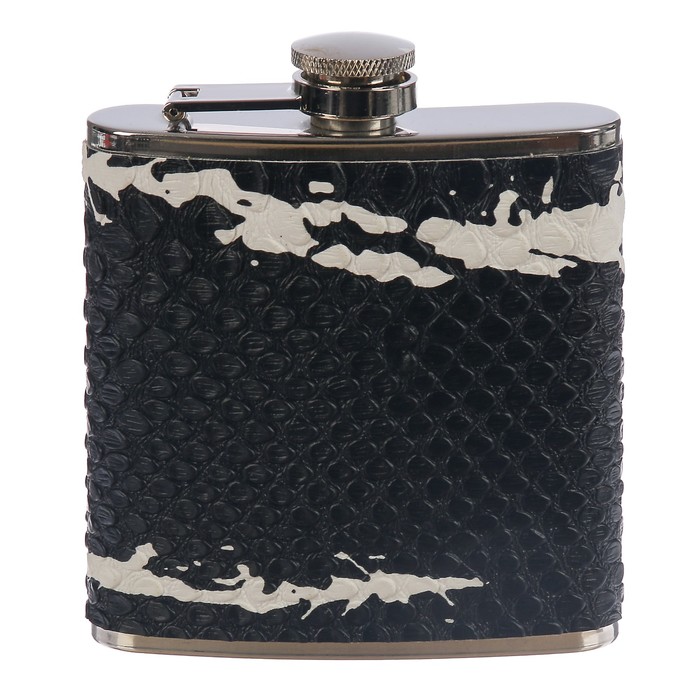 Фляжка 180 мл, металл, кожзам, лакированная, под змею, чёрная, с белыми пятнами, 9х9.5 см