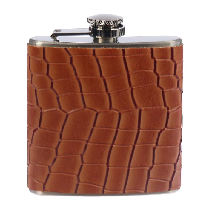 Фляжка 180 мл, металл, кожзам, лакированная, под змею, коричневая, 9х9.5 см