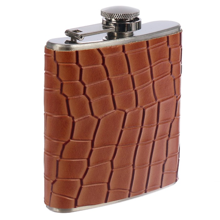 Фляжка 180 мл, металл, кожзам, лакированная, под змею, коричневая, 9х9.5 см