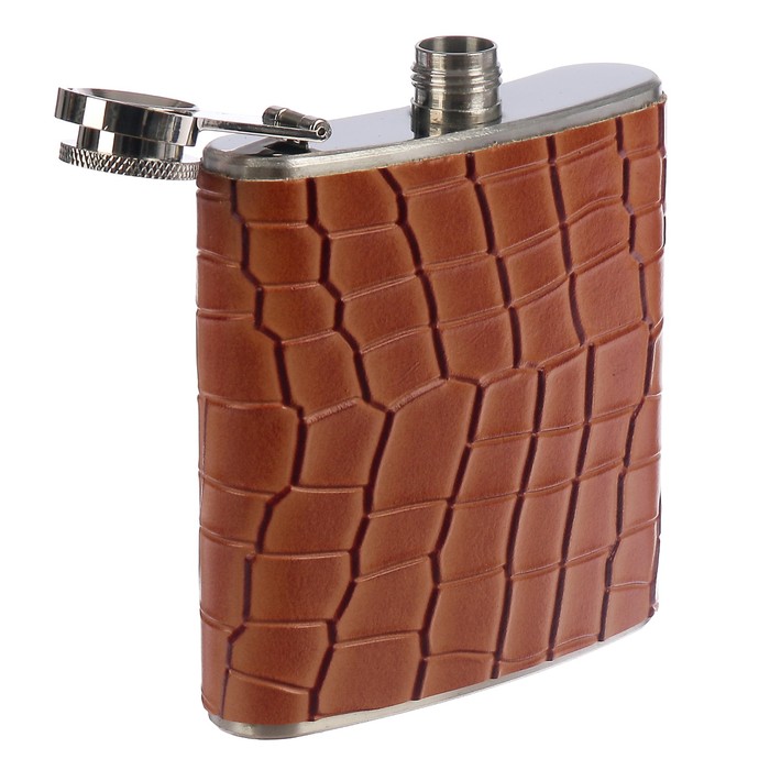 Фляжка 180 мл, металл, кожзам, лакированная, под змею, коричневая, 9х9.5 см