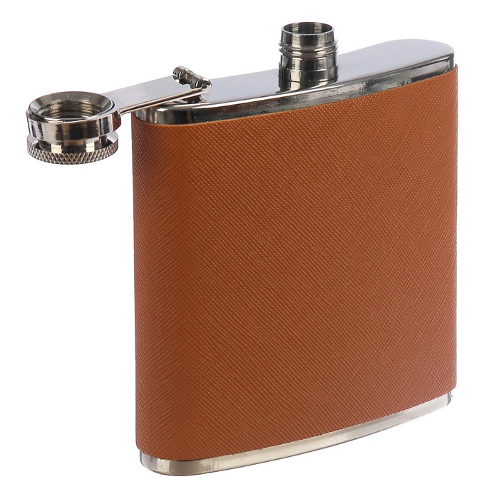 Фляжка 180 мл, металл, кожзам, под джинсу, коричневая, 9х9.5 см