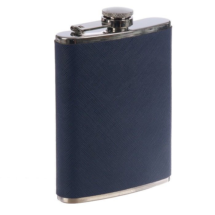 Фляжка 240 мл, металл, кожзам, под джинсу, синяя, 9х12 см