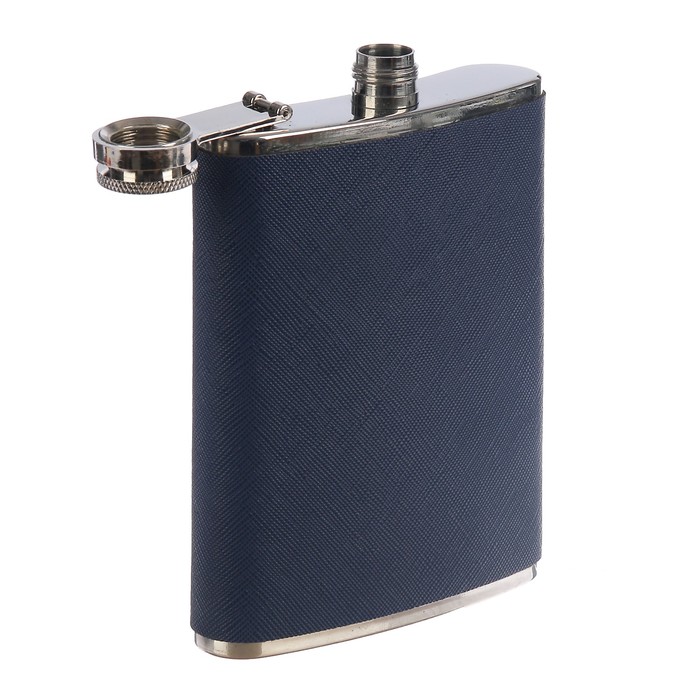 Фляжка 240 мл, металл, кожзам, под джинсу, синяя, 9х12 см