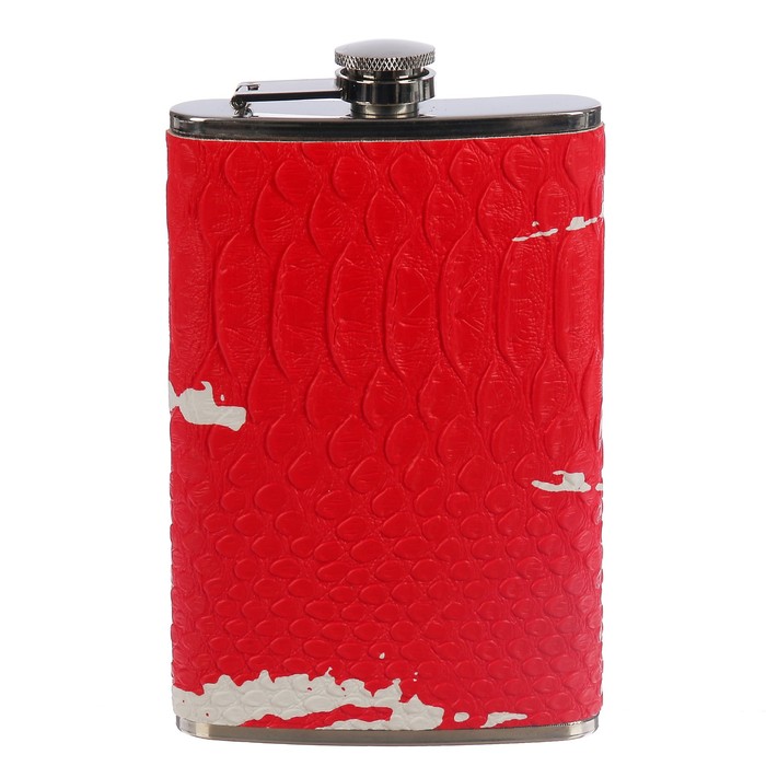 Фляжка 300 мл, металл, кожзам, красная змея, лак, с белыми пятнами, 9.5х16 см