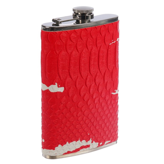 Фляжка 300 мл, металл, кожзам, красная змея, лак, с белыми пятнами, 9.5х16 см