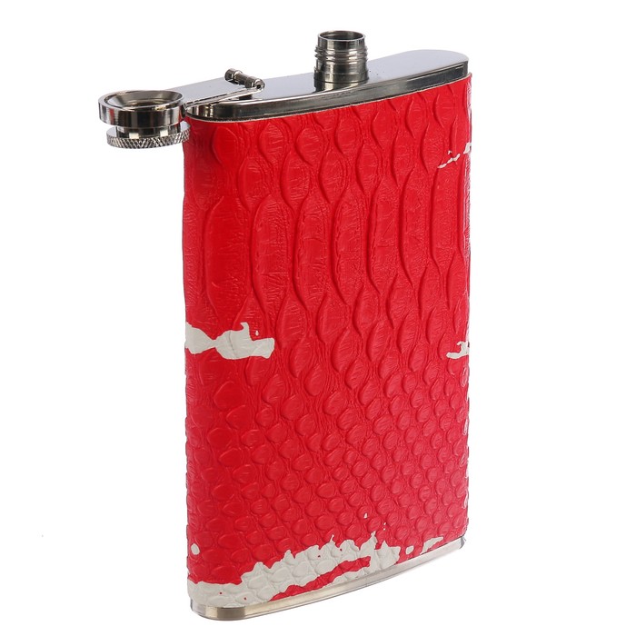 Фляжка 300 мл, металл, кожзам, красная змея, лак, с белыми пятнами, 9.5х16 см