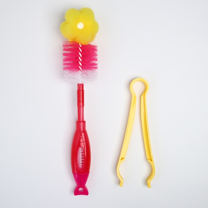 Набор по уходу, 3 предмета: ёршики для мытья бутылочек и сосок, щипцы, цвета МИКС