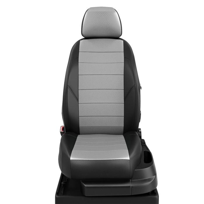 Чехлы для Peugeot 206 с 1998-2008г. седан, хэтчбек Задние спинка и сиденье единые, 5-подголов. Середина: экокожа с-серая с перф.. Боковины: чёрная экокожа. Спинка: чёрная экокожа.